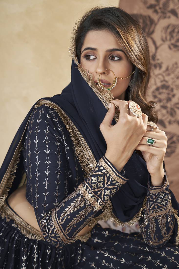 Navy Blue Pigment Foil Worked L Size Stitched Georgette Lehenga Choli For Wedding