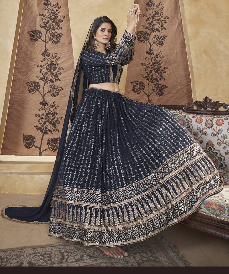 Navy Blue Pigment Foil Worked L Size Stitched Georgette Lehenga Choli For Wedding
