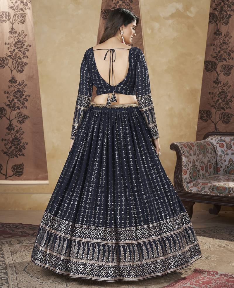 Navy Blue Pigment Foil Worked L Size Stitched Georgette Lehenga Choli For Wedding
