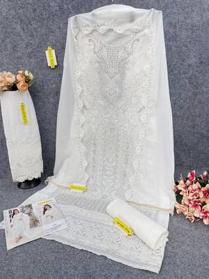 White Embroidered Faux Georgette Semi Stitched Salwar Suit 4