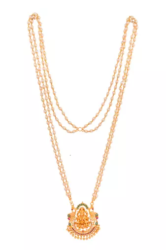 Off-white pearl LONG 2 line necklace with Laxmi pendant one gram gold