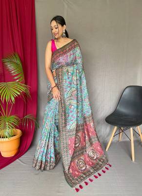 Women Aqua Blue Malai Cotton Printed Work Rich Pallu Saree With Blouse Piece 1