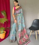 Women Aqua Blue Malai Cotton Printed Work Rich Pallu Saree With Blouse Piece
