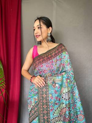 Women Aqua Blue Malai Cotton Printed Work Rich Pallu Saree With Blouse Piece 2