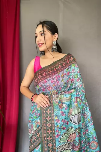 Women Aqua Blue Malai Cotton Printed Work Rich Pallu Saree With Blouse Piece