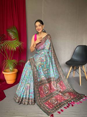 Women Aqua Blue Malai Cotton Printed Work Rich Pallu Saree With Blouse Piece 3