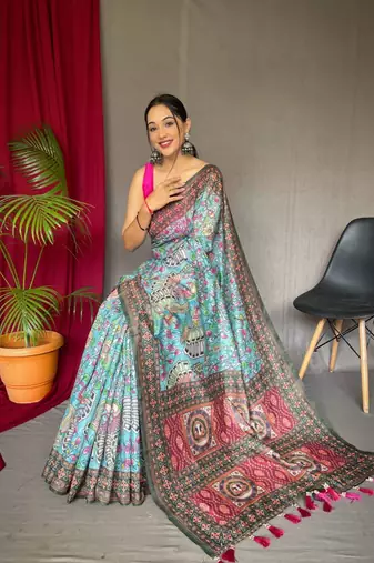 Women Aqua Blue Malai Cotton Printed Work Rich Pallu Saree With Blouse Piece