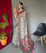 Cream Cotton Blend Printed Work &  Rich Pallu Saree With Blouse