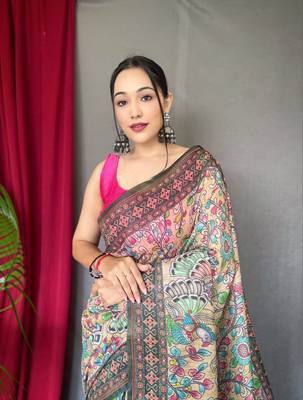 Cream Cotton Blend Printed Work &  Rich Pallu Saree With Blouse 2