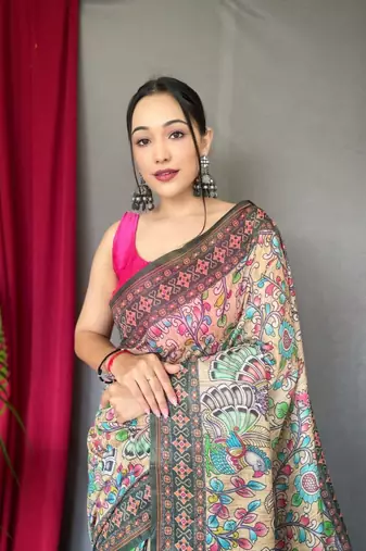 Cream Cotton Blend Printed Work &  Rich Pallu Saree With Blouse