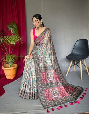 Cream Cotton Blend Printed Work &  Rich Pallu Saree With Blouse 3