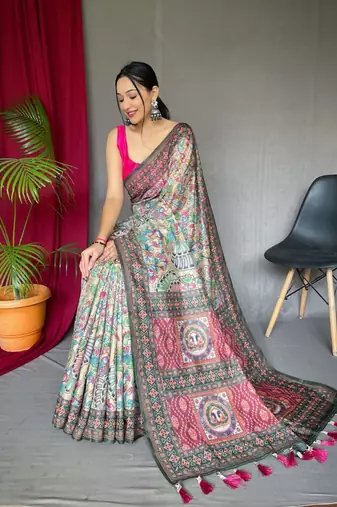 Cream Cotton Blend Printed Work &  Rich Pallu Saree With Blouse