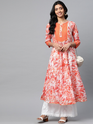 Women'S Cotton Tie & Dye Printed Anarkali Kurta (Orange) 1