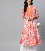 Women'S Cotton Tie & Dye Printed Anarkali Kurta (Orange)