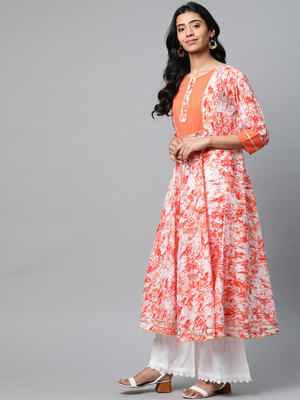 Women'S Cotton Tie & Dye Printed Anarkali Kurta (Orange) 2