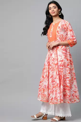 Women'S Cotton Tie & Dye Printed Anarkali Kurta (Orange)