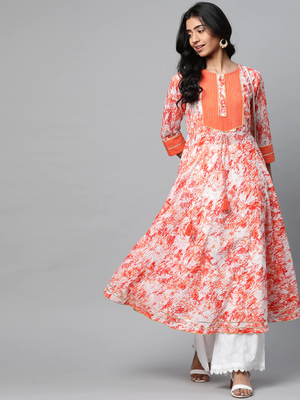Women'S Cotton Tie & Dye Printed Anarkali Kurta (Orange) 3