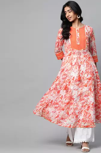 Women'S Cotton Tie & Dye Printed Anarkali Kurta (Orange)