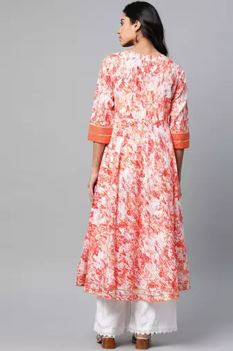 Women'S Cotton Tie & Dye Printed Anarkali Kurta (Orange)