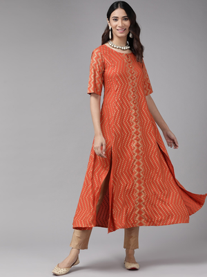 Women'S Rayon Zig-Zag Gold Print Anarkali Kurta (Orange) 3