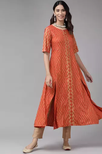 Women'S Rayon Zig-Zag Gold Print Anarkali Kurta (Orange)
