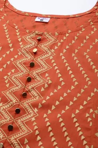 Women'S Rayon Zig-Zag Gold Print Anarkali Kurta (Orange)