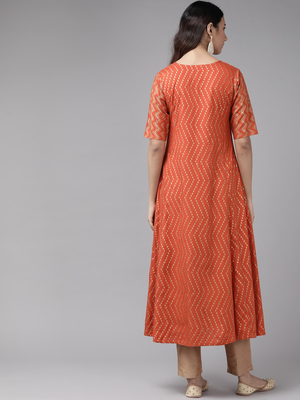 Women'S Rayon Zig-Zag Gold Print Anarkali Kurta (Orange) 5