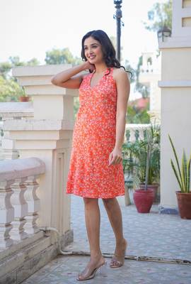 Women'S Rayon Floral Printed Short Dress (Orange) 3