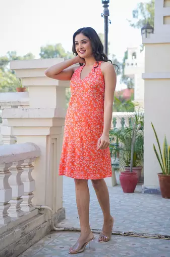 Women'S Rayon Floral Printed Short Dress (Orange)