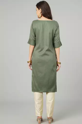 Anushil women cotton kurti golden print - sweatheart neck elbow sleeves