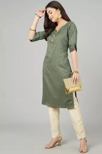 Anushil women cotton kurti golden print - sweatheart neck elbow sleeves