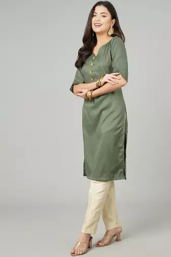 Anushil women cotton kurti golden print - sweatheart neck elbow sleeves