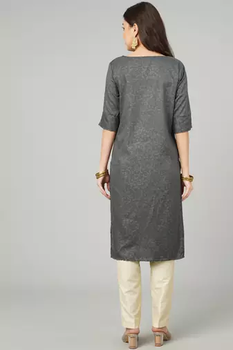 Anushil women cotton kurti golden print - sweatheart neck elbow sleeves
