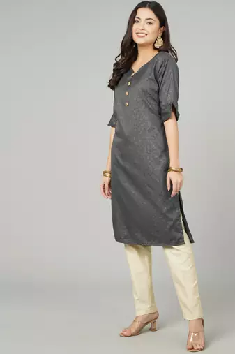 Anushil women cotton kurti golden print - sweatheart neck elbow sleeves