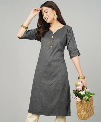 Anushil women cotton kurti golden print - sweatheart neck elbow sleeves 1