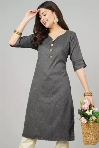 Anushil women cotton kurti golden print - sweatheart neck elbow sleeves