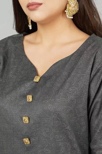 Anushil women cotton kurti golden print - sweatheart neck elbow sleeves