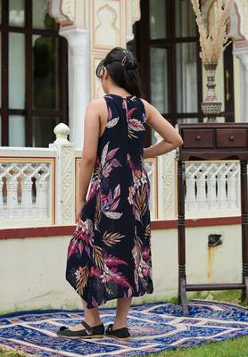 Women'S Hot Neck Floral Print A-Line Dress(Blue) 2