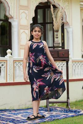 Women'S Hot Neck Floral Print A-Line Dress(Blue) 3