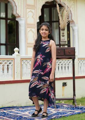 Women'S Hot Neck Floral Print A-Line Dress(Blue) 5