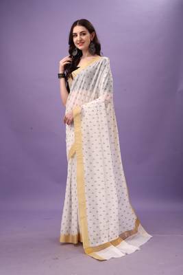 White Cotton Silk Blend Traditional Kerala Saree 1