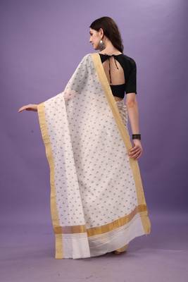 White Cotton Silk Blend Traditional Kerala Saree 2