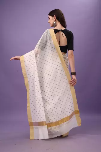 White Cotton Silk Blend Traditional Kerala Saree