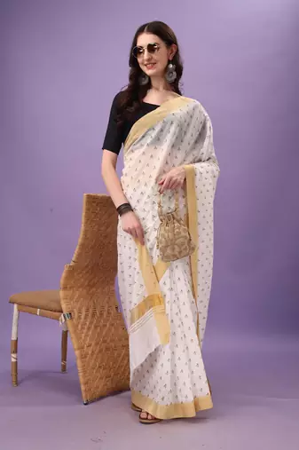 White Cotton Silk Blend Traditional Kerala Saree