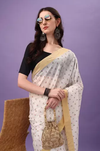 White Cotton Silk Blend Traditional Kerala Saree