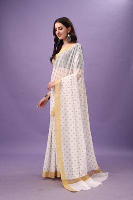 White Cotton Silk Blend Traditional Kerala Saree 5