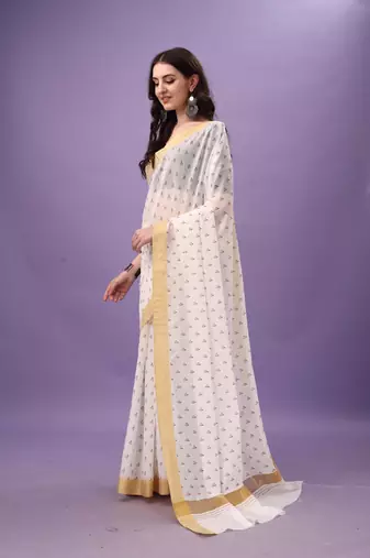 White Cotton Silk Blend Traditional Kerala Saree