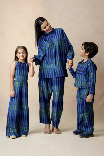Blue green stripes printed halter neck jumpsuit