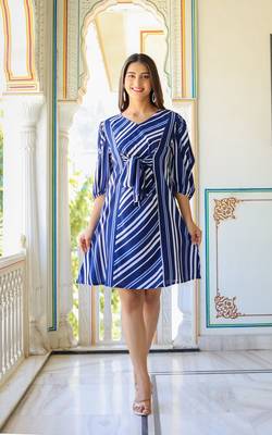 Women'S Stripe Printed A-Line Dress (Blue) 1