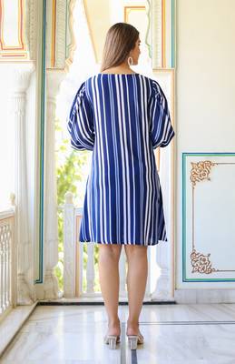 Women'S Stripe Printed A-Line Dress (Blue) 2